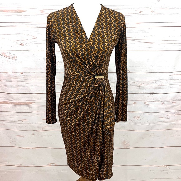 Michael Kors Espresso Chain Link Print Stretch Jersey Faux Wrap Dress - Picture 2 of 14